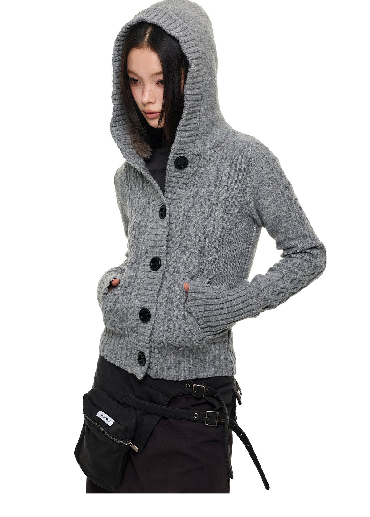 NOIR TWIST HOODED CABLE CARDIGAN