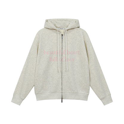DOUBLE ZIP LOVE SLOGAN HOODED FLEECE JACKET