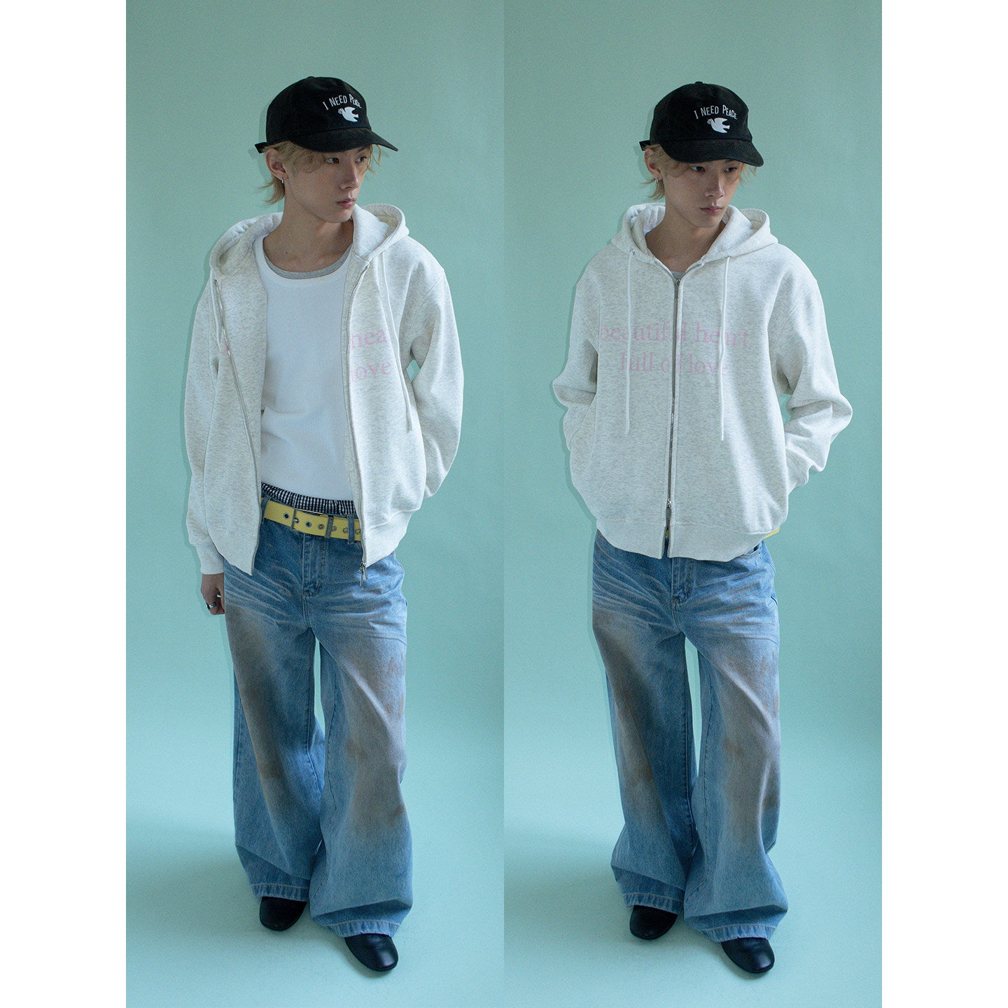 DOUBLE ZIP LOVE SLOGAN HOODED FLEECE JACKET