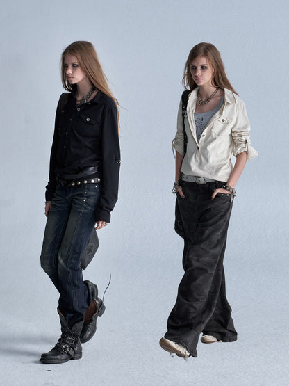 WASHED BUCKLE SLEEVE KNIT SHIRT