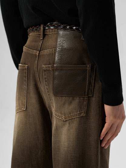 SAND BRONZE LEATHER DENIM PANTS