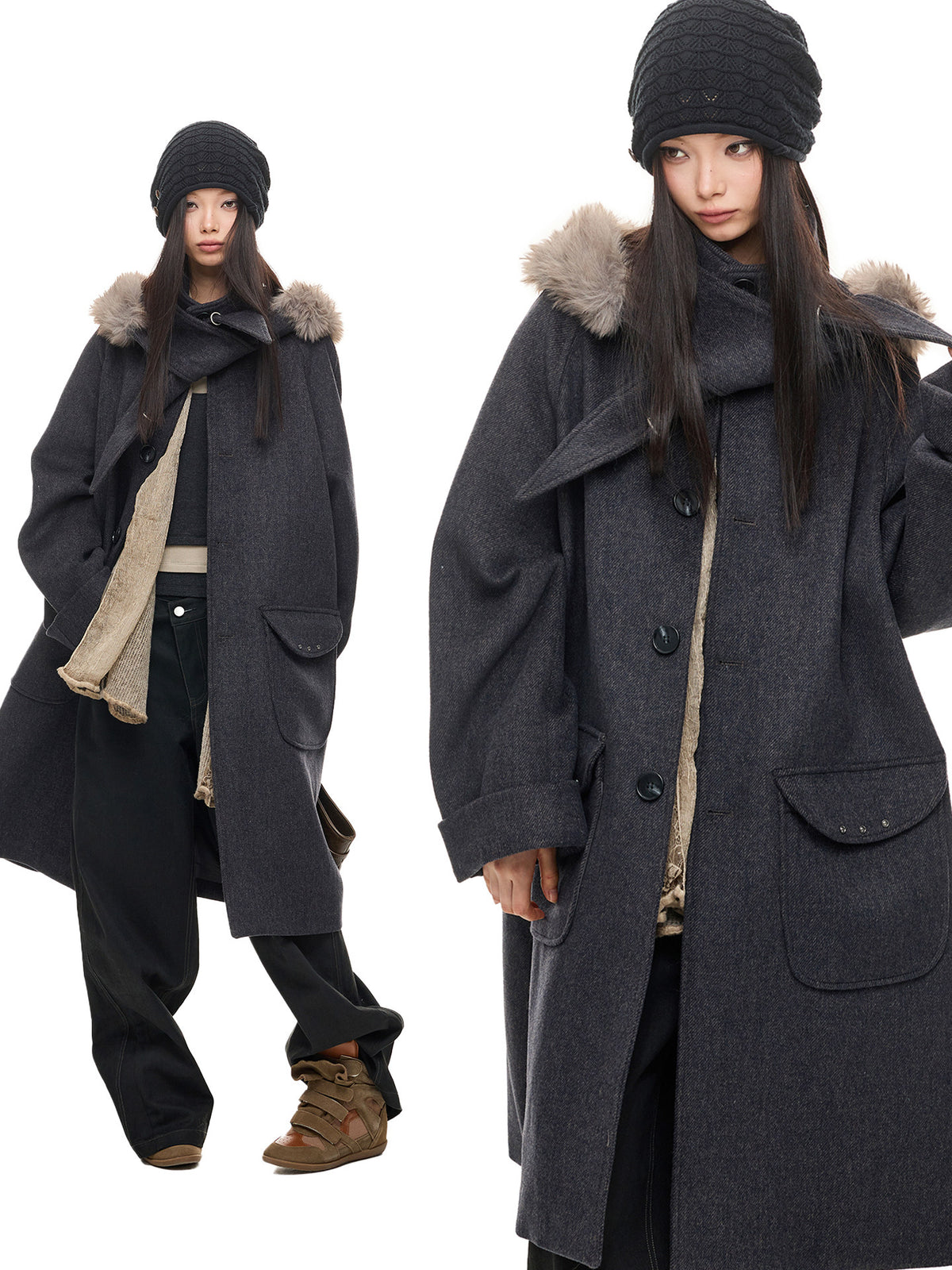 TWEED FUR COLLAR OVERCOAT