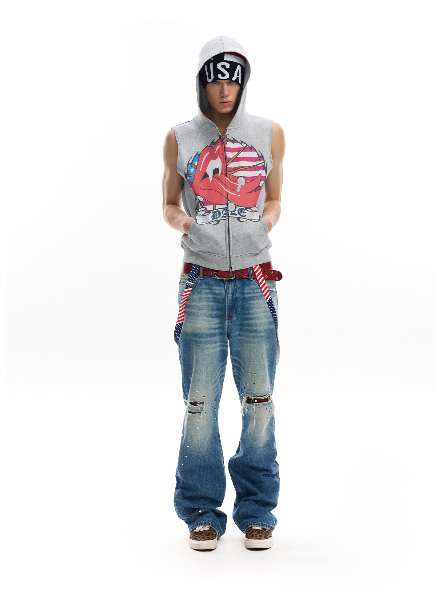 RED LINE PATCHWORK DENIM JEANS