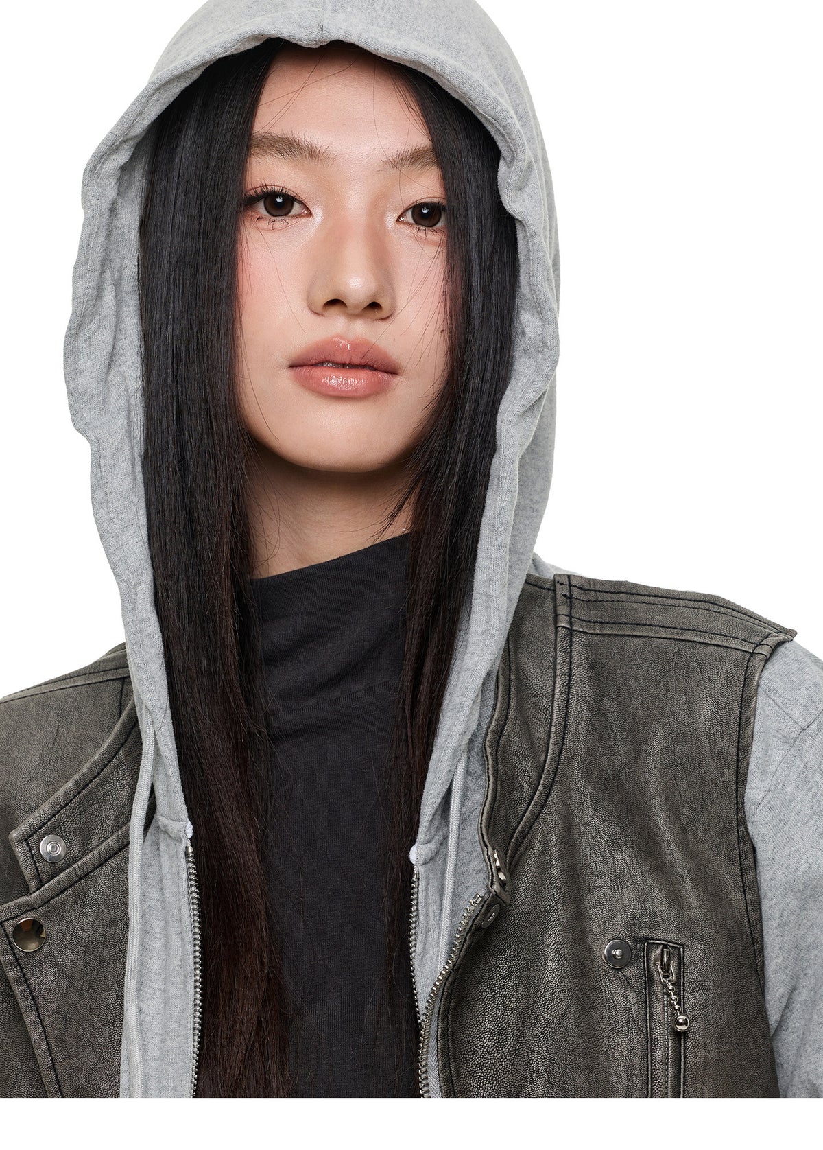 LEATHER PANEL MOCK LAYER HOODIE