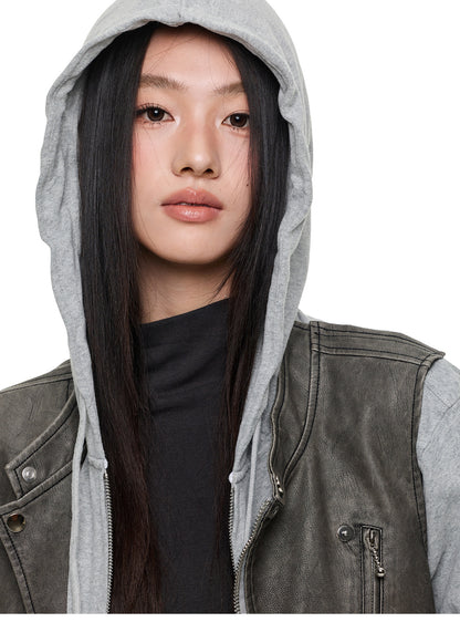 LEATHER PANEL MOCK LAYER HOODIE