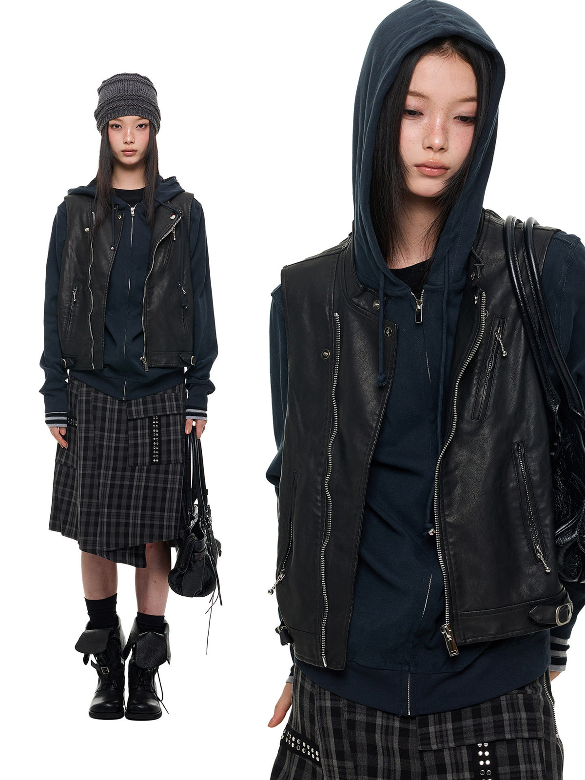 LEATHER PANEL MOCK LAYER HOODIE