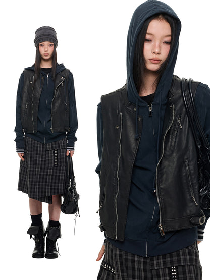 LEATHER PANEL MOCK LAYER HOODIE