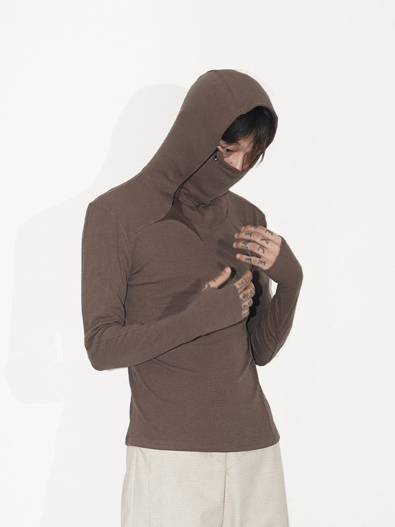 3D CUT SHIRRING HOODED LONG SLEEVE