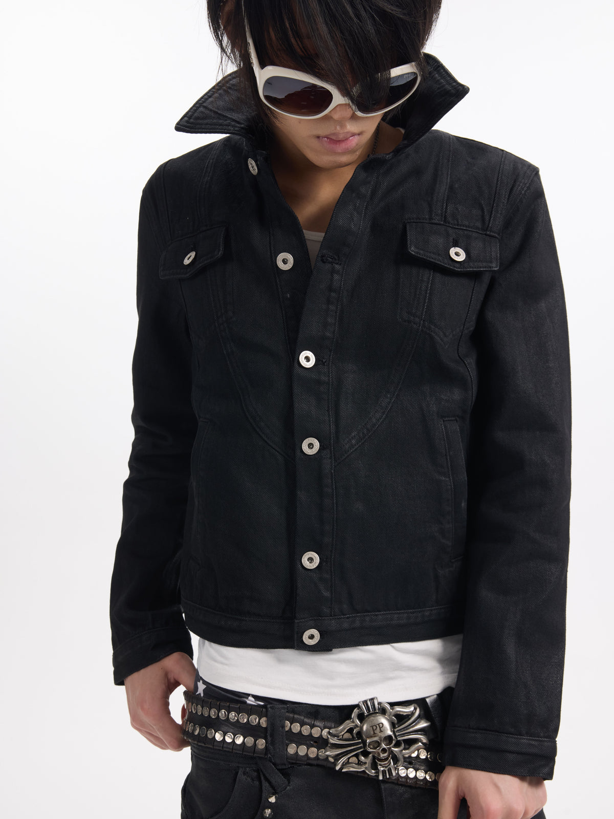 BLACK WAXED CROPPED DENIM JACKET
