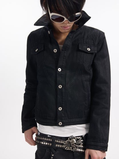 BLACK WAXED CROPPED DENIM JACKET