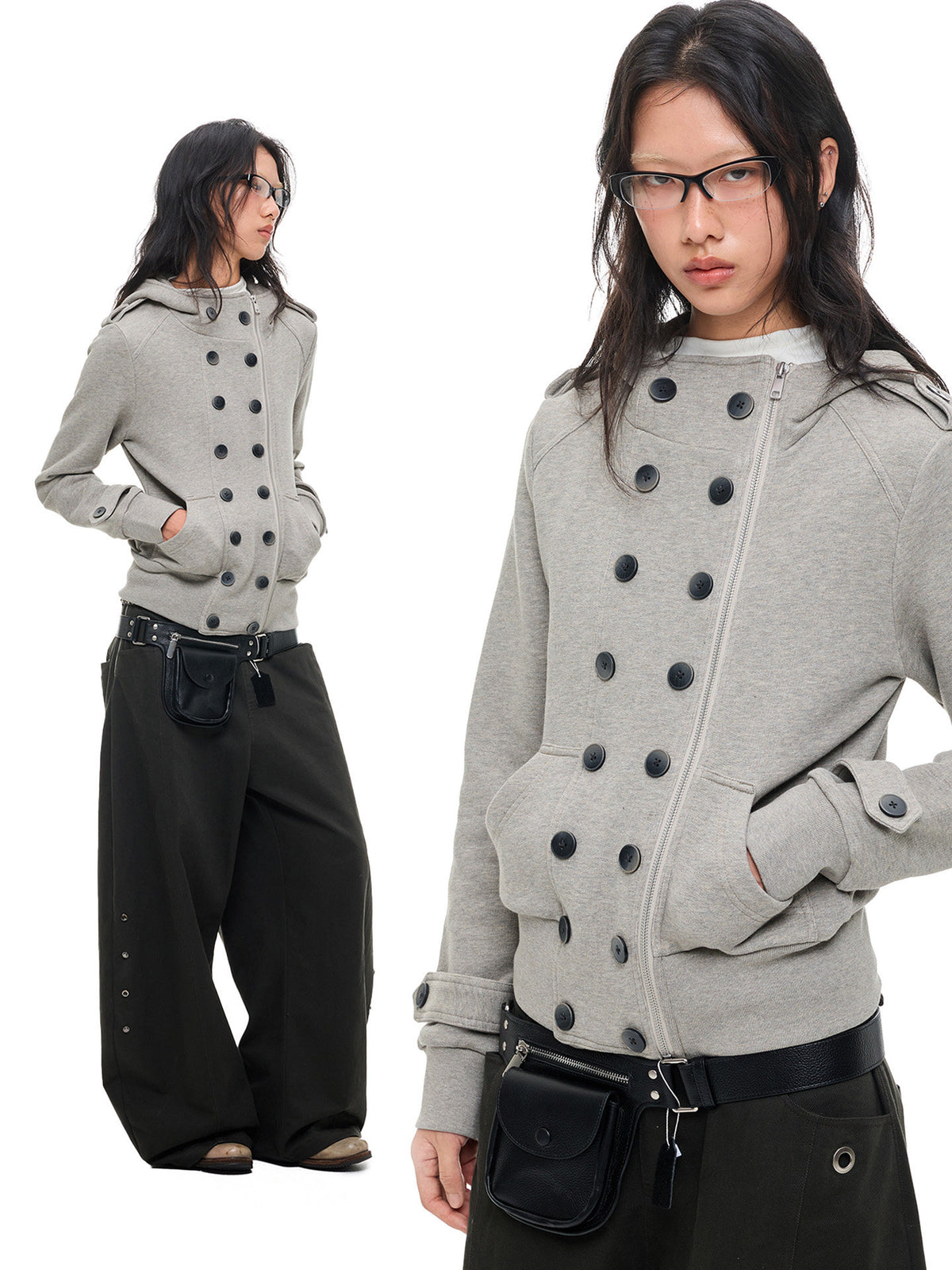 MULTI-BUTTON HOODED CROPPED UTILITY JACKET
