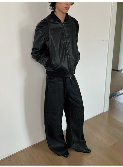 PLEATED PANEL WAXED BIKER PANTS