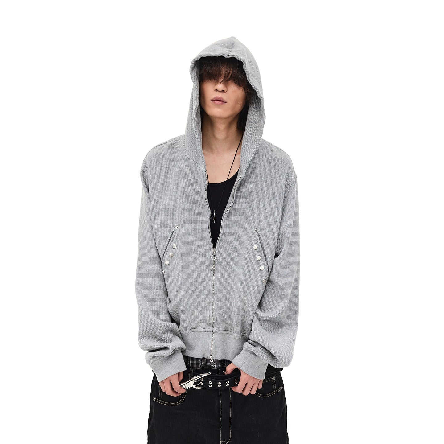 DISTRESSED WAFFLE STUDDED HOODIE