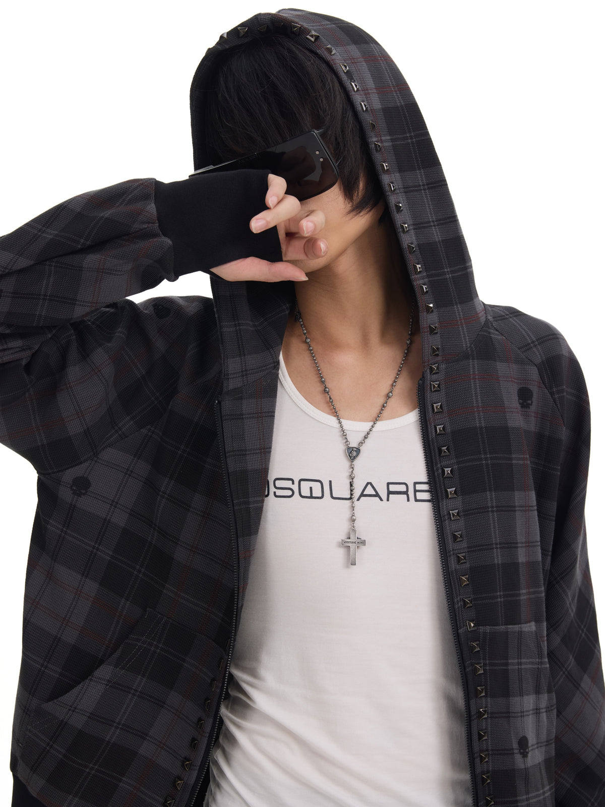 PLAID RIVET HOODED SWEATSHIRT