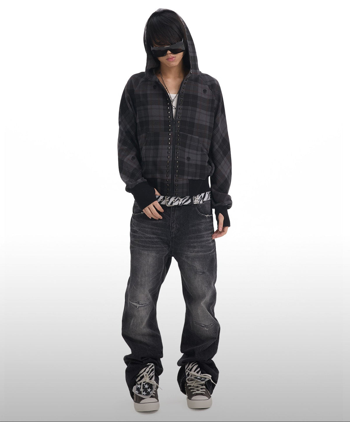 PLAID RIVET HOODED SWEATSHIRT