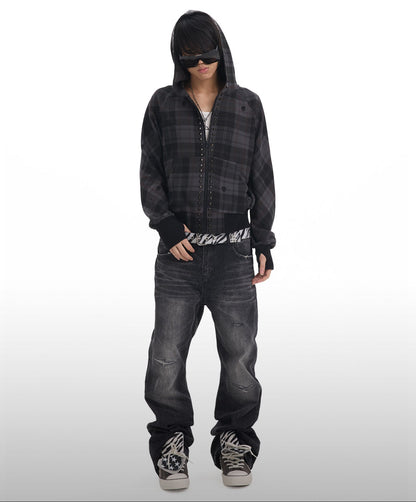 PLAID RIVET HOODED SWEATSHIRT