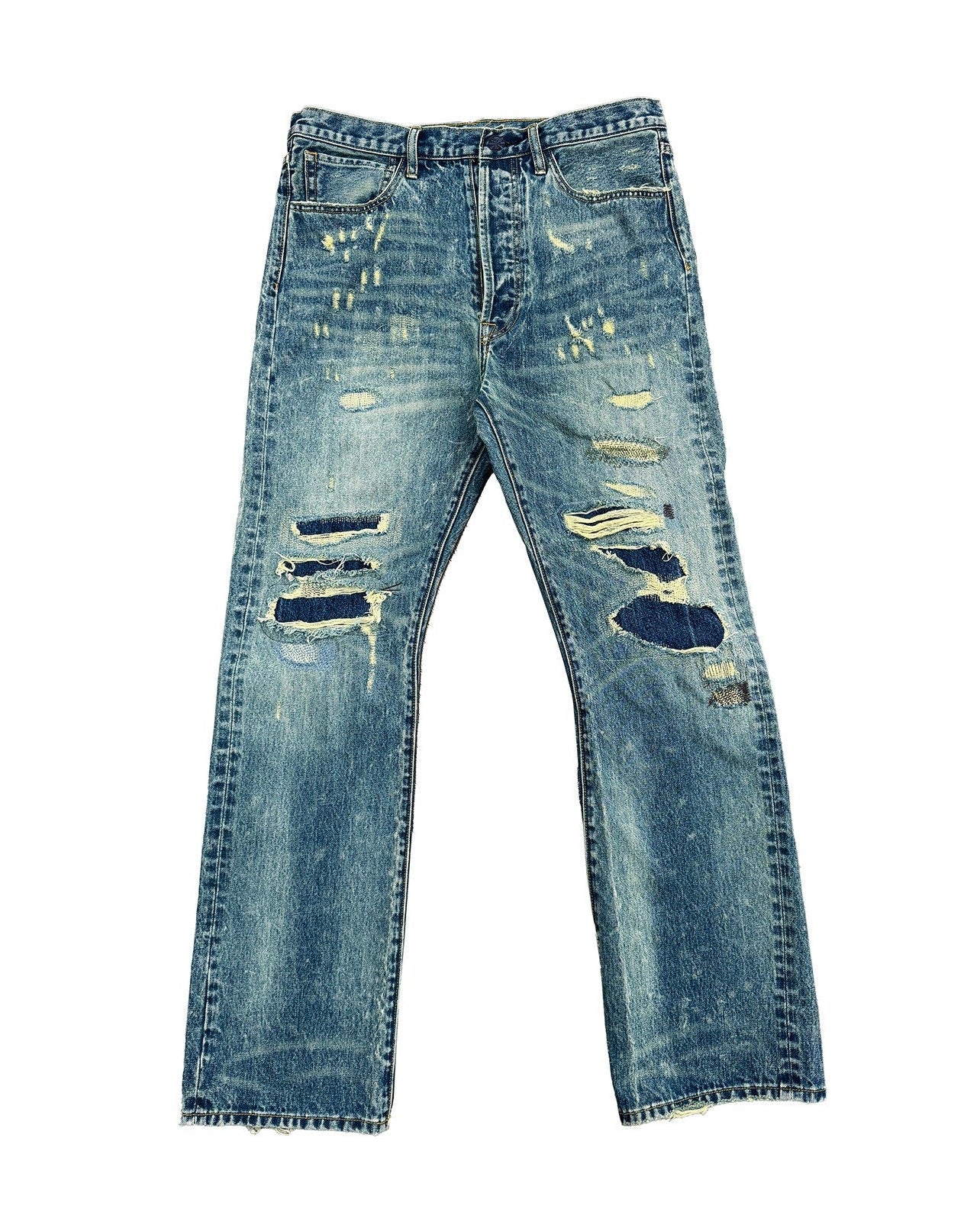 DARK WASHED DESTROYED STRAIGHT JEANS