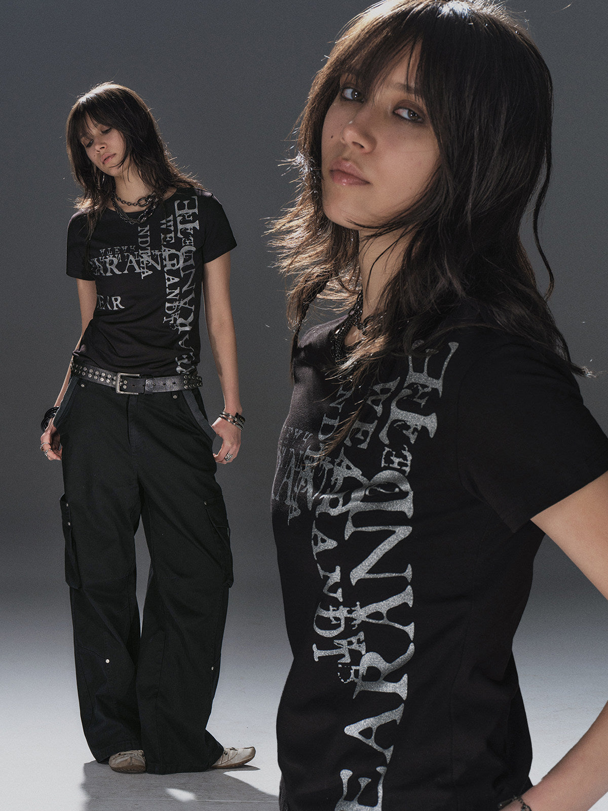 SILVER GLITTER LETTER SLIM TEE