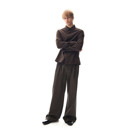 BROWN CHECK PLEATED WIDE TROUSERS