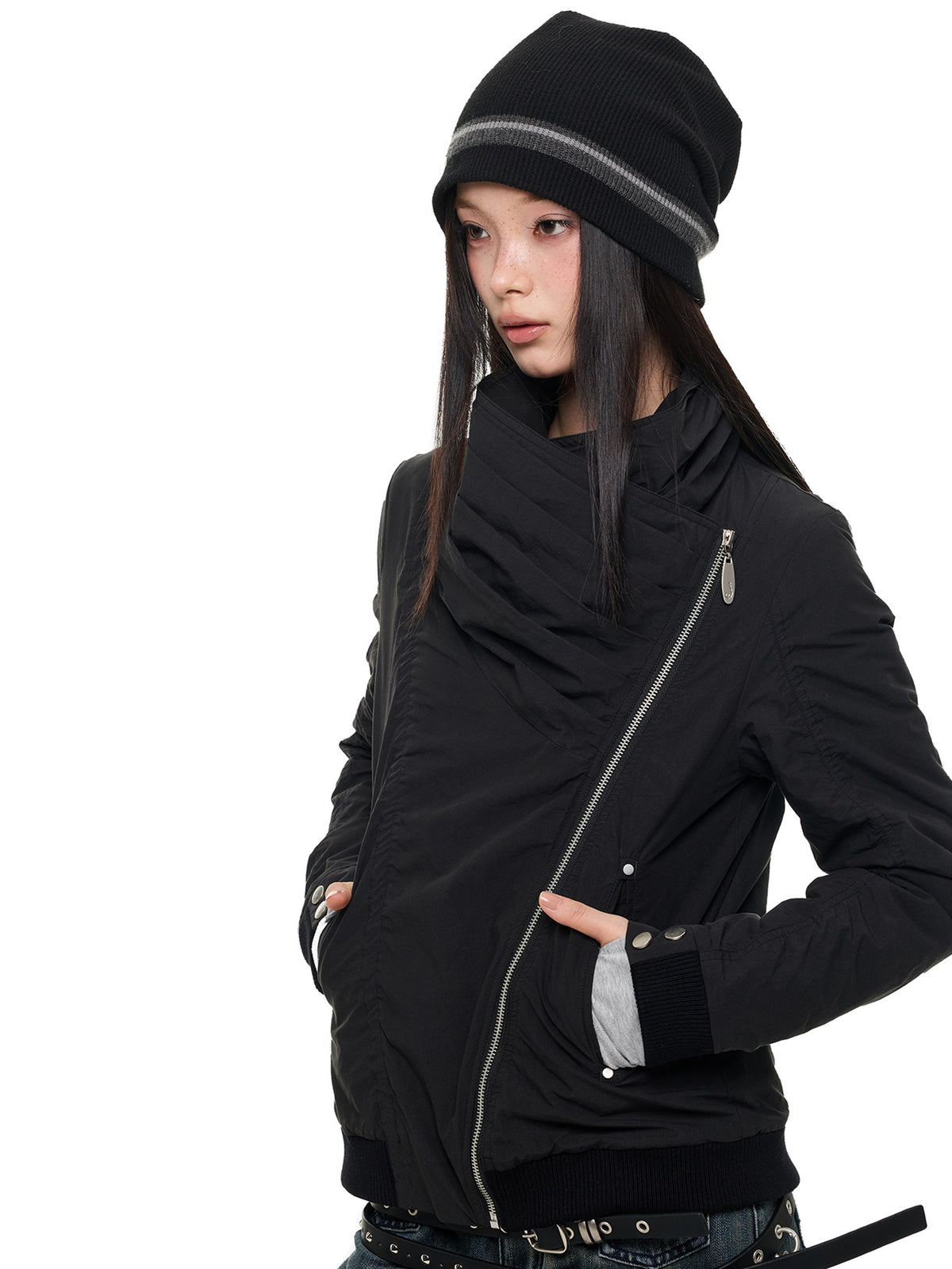 OFFSET ZIP STACKED COLLAR JACKET