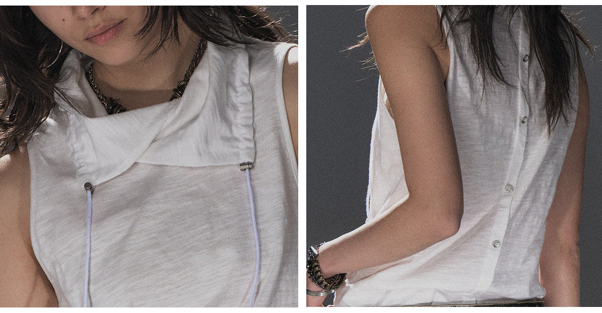DRAWSTRING COLLAR SLEEVELESS TOP