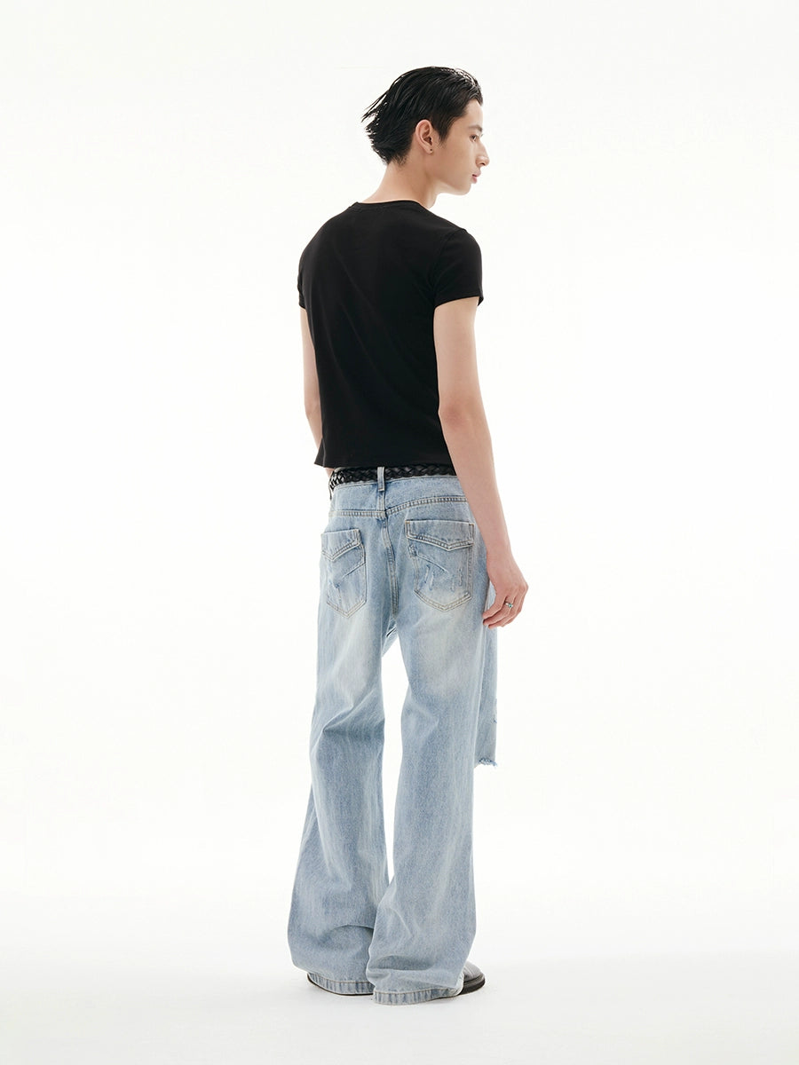 DISTRESSED LIGHT FLARE STRAIGHT JEANS