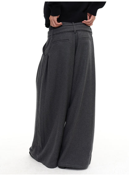 DOUBLE BELT WOOL TOOTHPICK TROUSERS