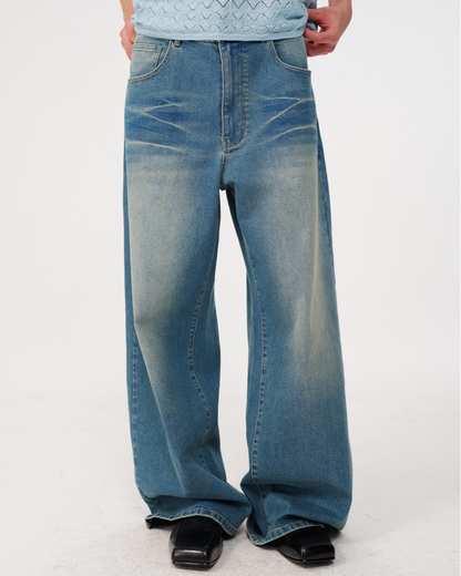 RIPPLE WASHED WIDE LEG JEANS