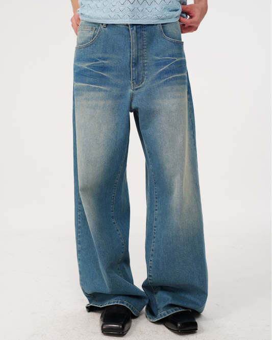 RIPPLE WASHED WIDE LEG JEANS
