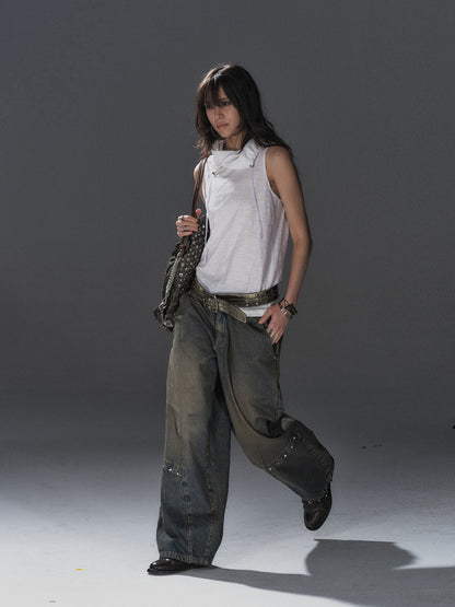 DRAWSTRING COLLAR SLEEVELESS TOP