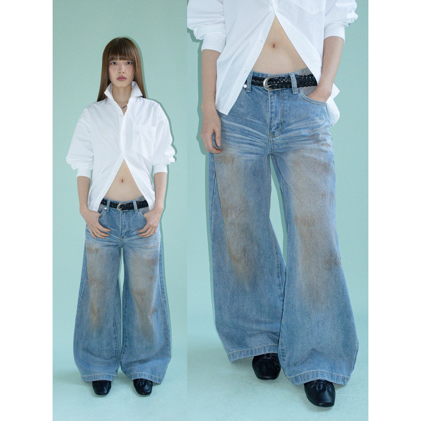 MID RISE CAT WHISKER FADED STRAIGHT LEG JEANS