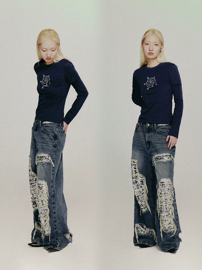 SEQUIN ACCENT DESTROYED JEANS