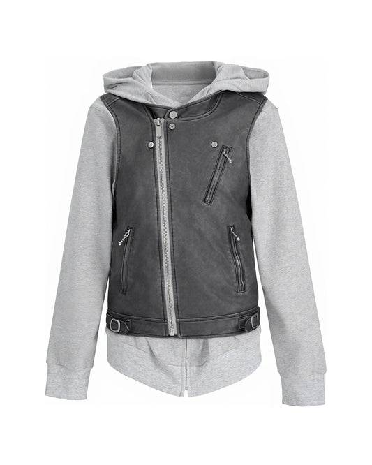 LEATHER PANEL MOCK LAYER HOODIE