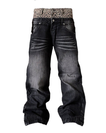 DOUBLE WAIST LEOPARD DENIM