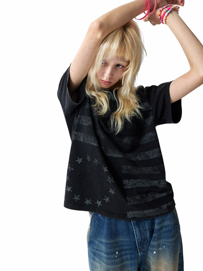 FRAYED STARS STRIPES WASHED TEE