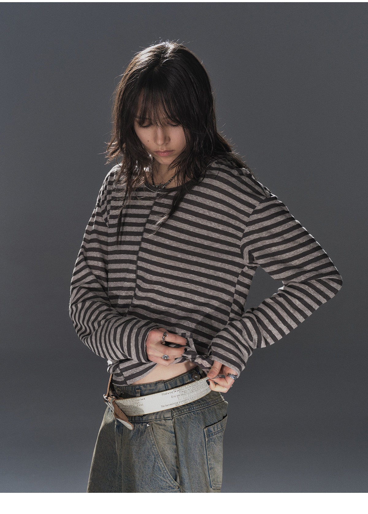 STRIPED HOODED TIE HEM TOP