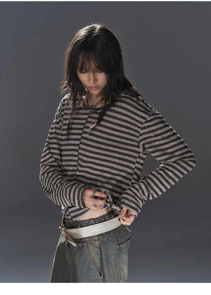 STRIPED HOODED TIE HEM TOP