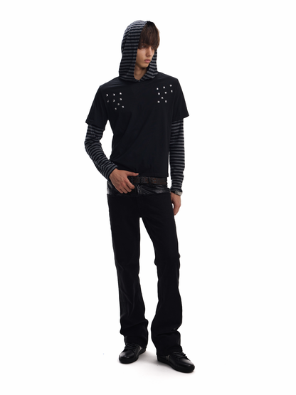 STUD STRIPED FAUX LAYER HOODIE
