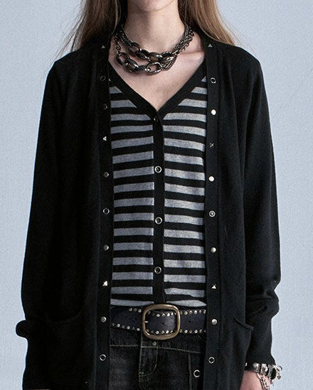 STUDDED STRIPE PUNK KNIT CARDIGAN