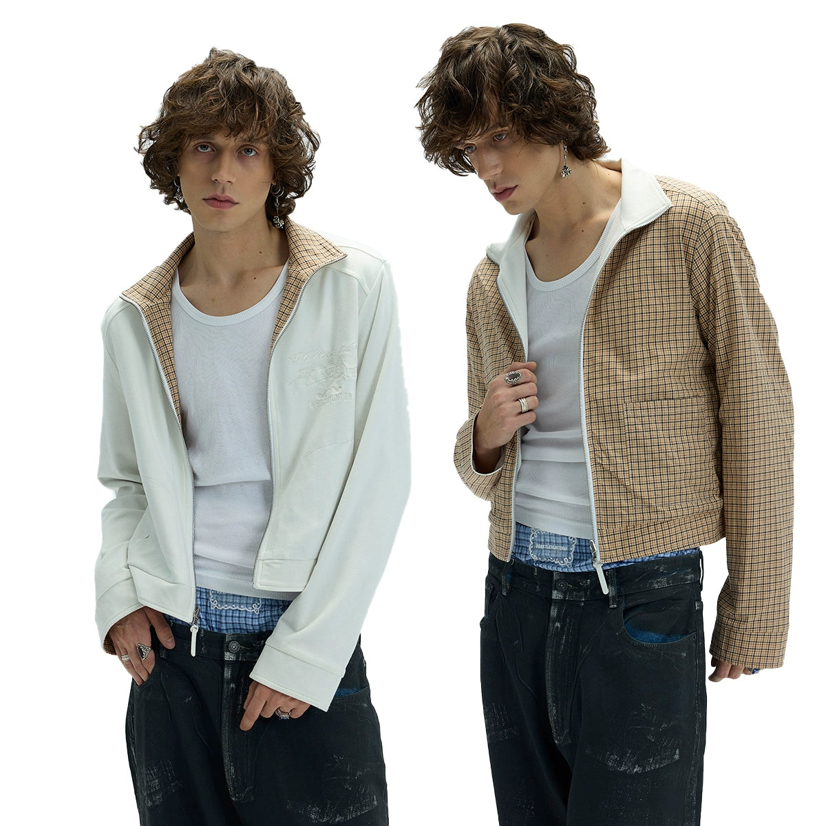 REVERSIBLE PLAID STAND COLLAR JACKET