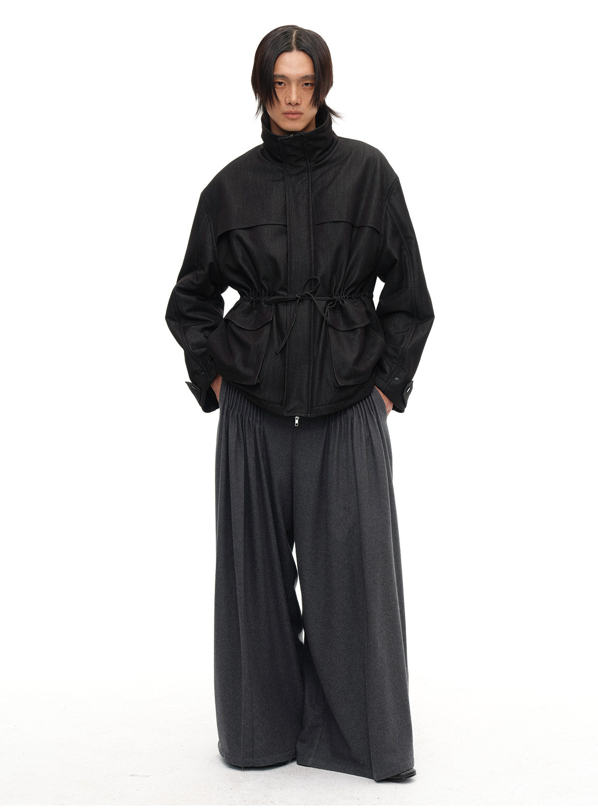 DOUBLE BELT WOOL TOOTHPICK TROUSERS