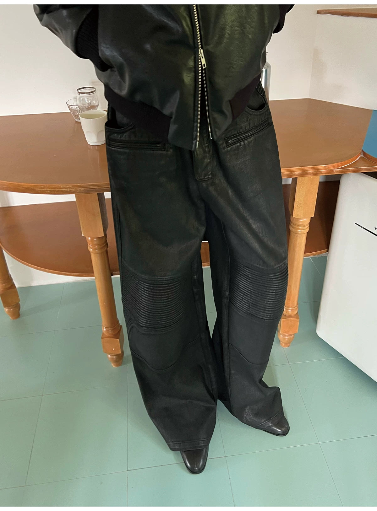 PLEATED PANEL WAXED BIKER PANTS
