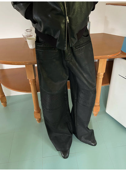 PLEATED PANEL WAXED BIKER PANTS