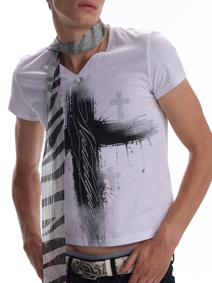 RHINESTONE FOIL V NECK TOP