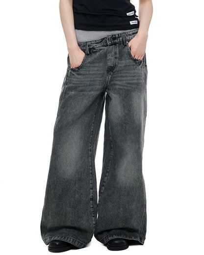 DECONSTRUCTED DOUBLE WAIST WIDE LEG JEANS