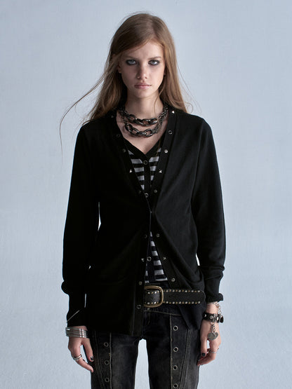 STUDDED STRIPE PUNK KNIT CARDIGAN
