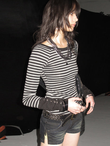 BUTTON CUFF STRIPED RAGLAN TOP