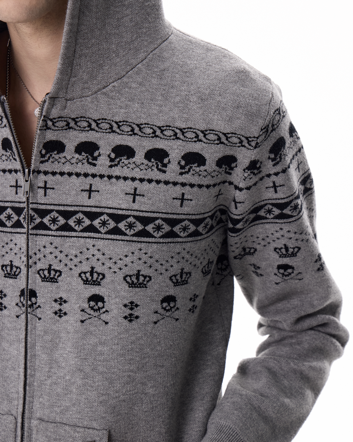 SKULL FAIR ISLE STUDDED KNIT JACKET