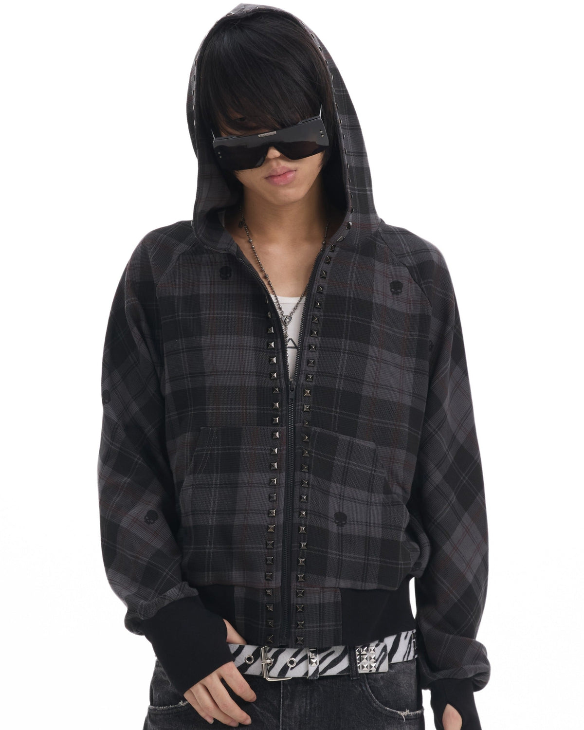 PLAID RIVET HOODED SWEATSHIRT