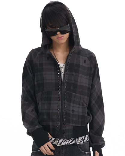 PLAID RIVET HOODED SWEATSHIRT